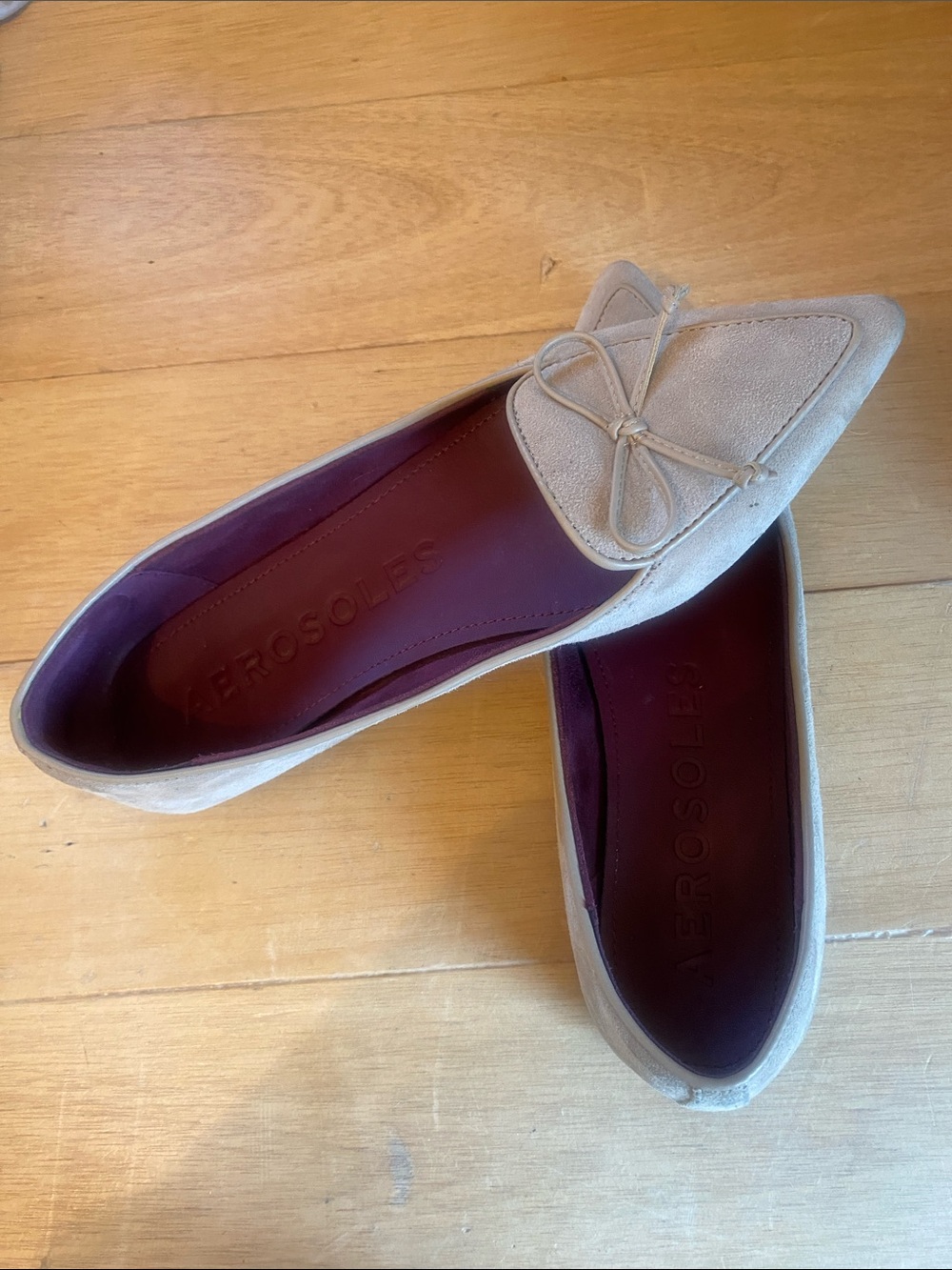 AEROSOLES Taupe Suede Pointed-Toe Bow Flats